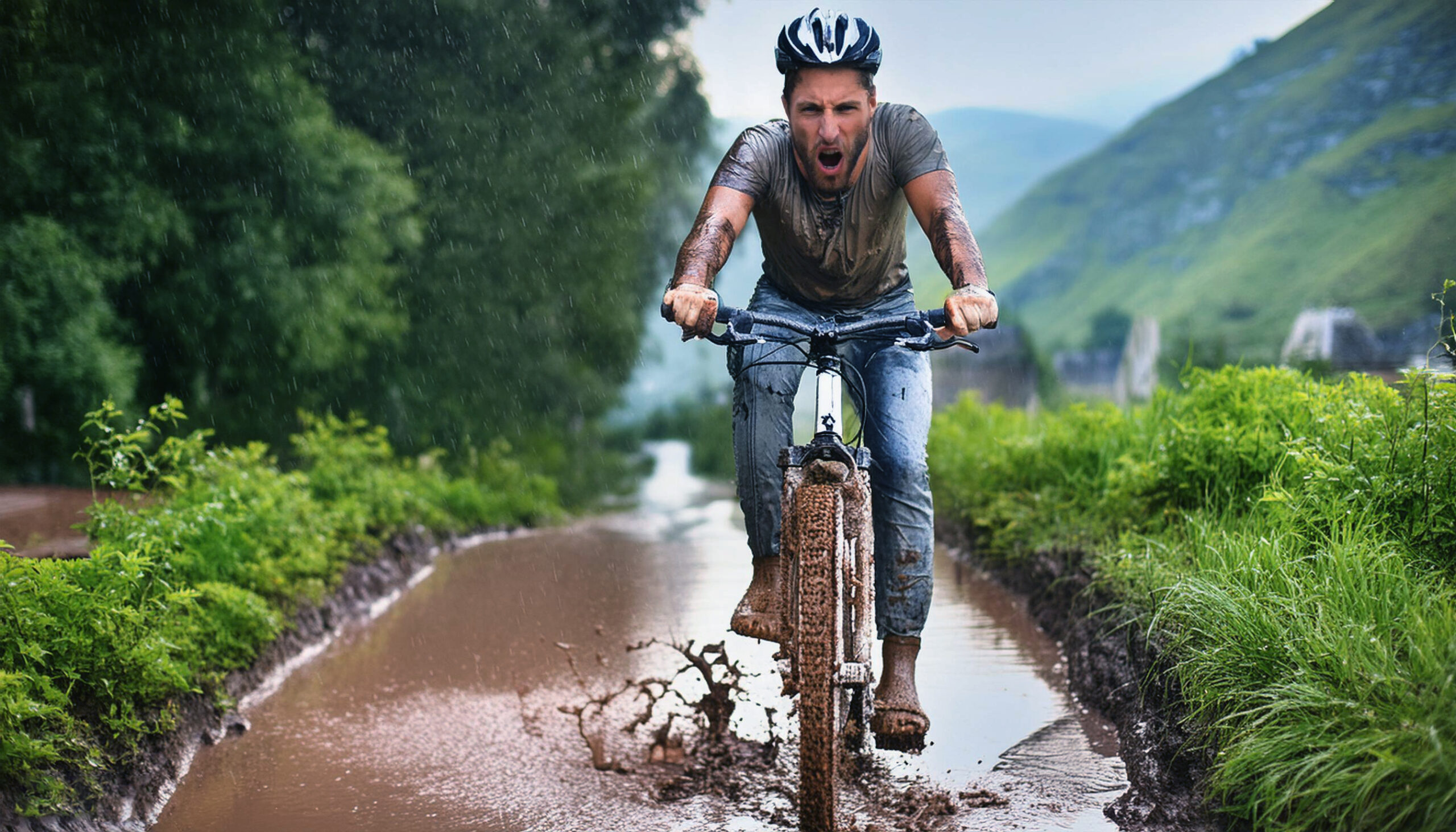 Firefly bicycle riding in a rainy day, roads should be muddy, rider should be in jeans; rider should